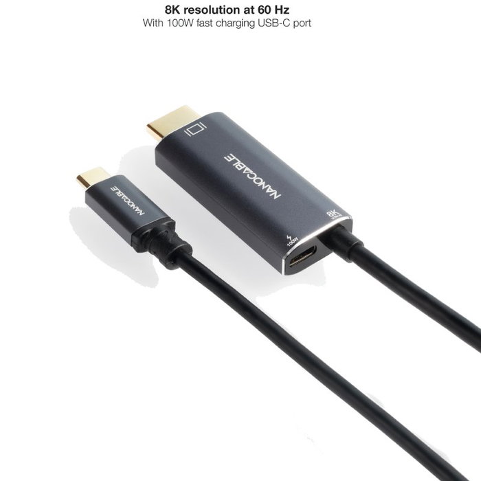 Nanocable Conversor USB-C a HDMI 2.1 8K con Carga USB-C PD 100W, 1.8m, Negro